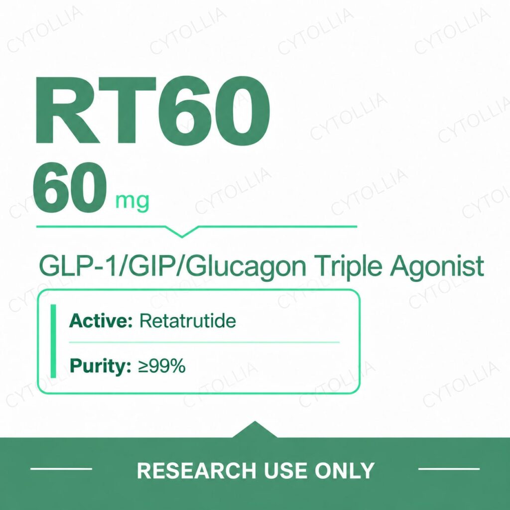 Retatrutide 60 mg research vials — RT60 60 mg per vial, 10 vial pack, purity ≥99%, research use only