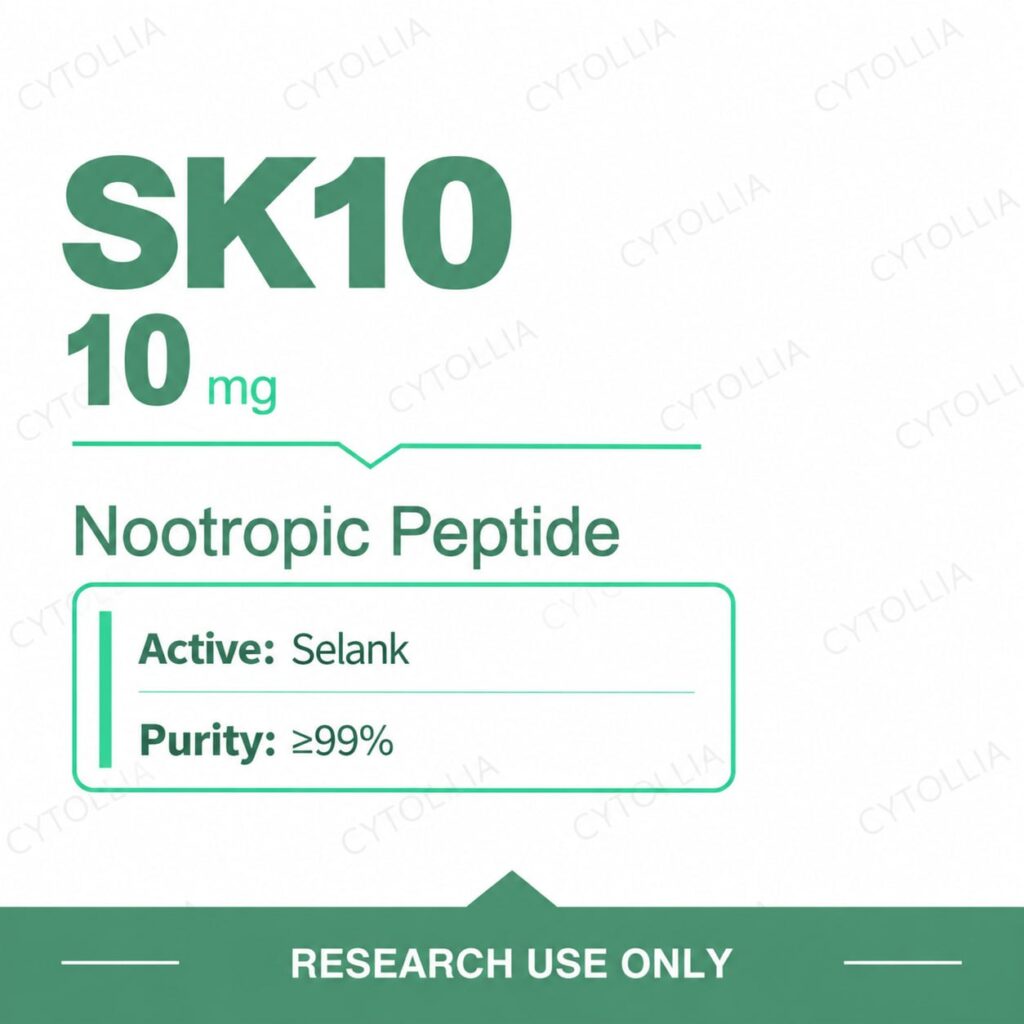 Selank 10 mg research vials — SK10 10 mg per vial, synthetic heptapeptide, nootropic peptide, 10 vial pack
