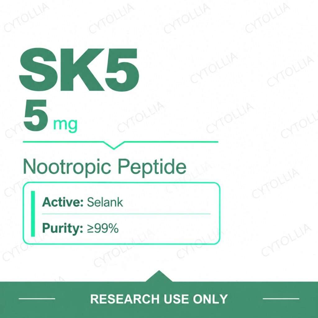 Selank 5 mg research vials — SK5 5 mg per vial, synthetic heptapeptide, nootropic peptide, 10 vial pack