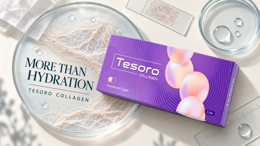 Top-down Tesoro Collagen clinical editorial composition with collagen fibres and the headline More Than Hydration
