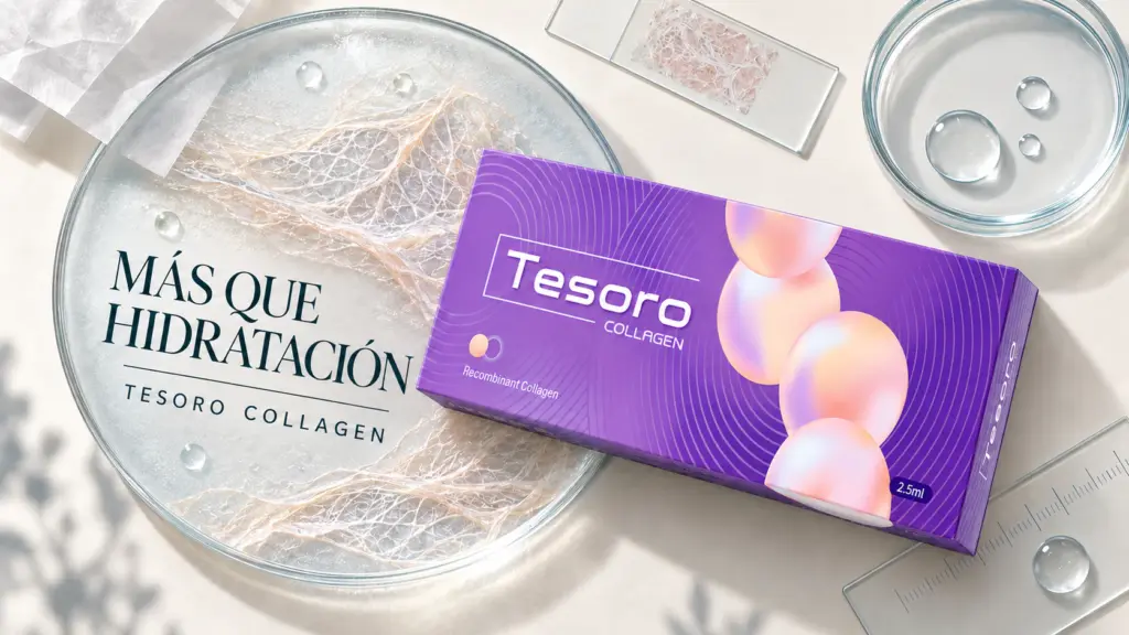 Composición clínica cenital de Tesoro Collagen con fibras de colágeno y el título Más que hidratación