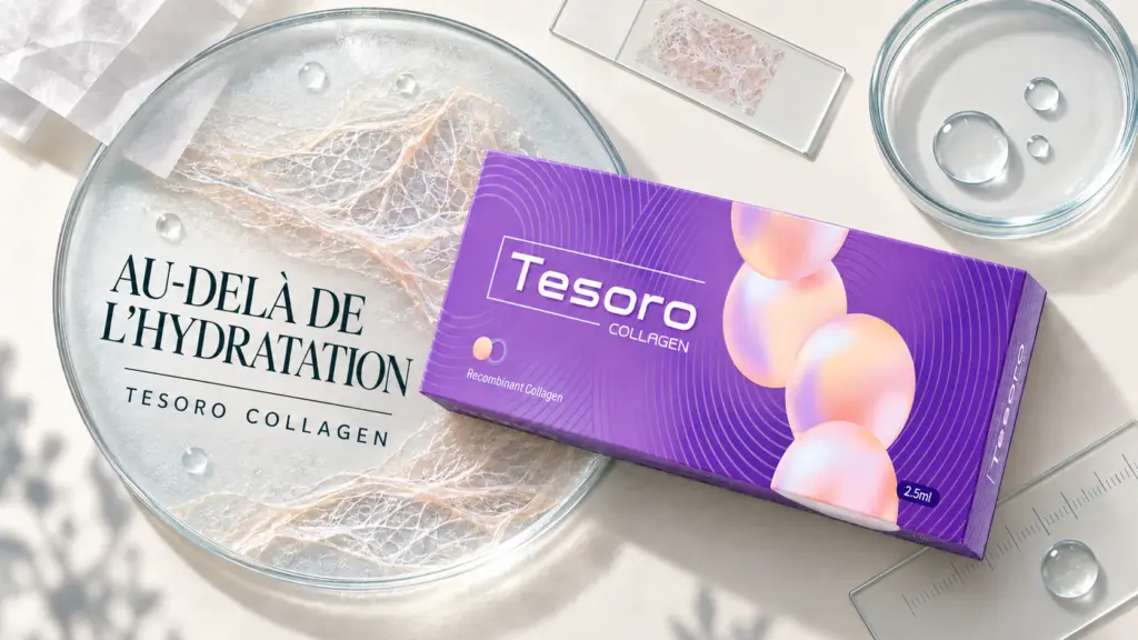 Composition clinique vue du dessus avec Tesoro Collagen, des fibres de collagène et le titre Au-delà de l’hydratation