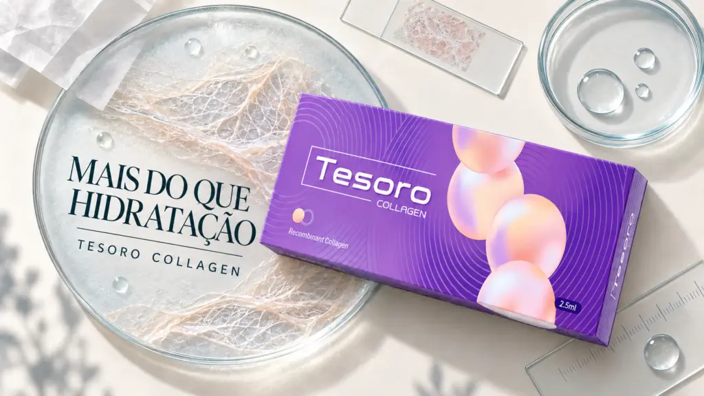 Composição clínica vista de cima com Tesoro Collagen, fibras de colágeno e o título Mais do que hidratação