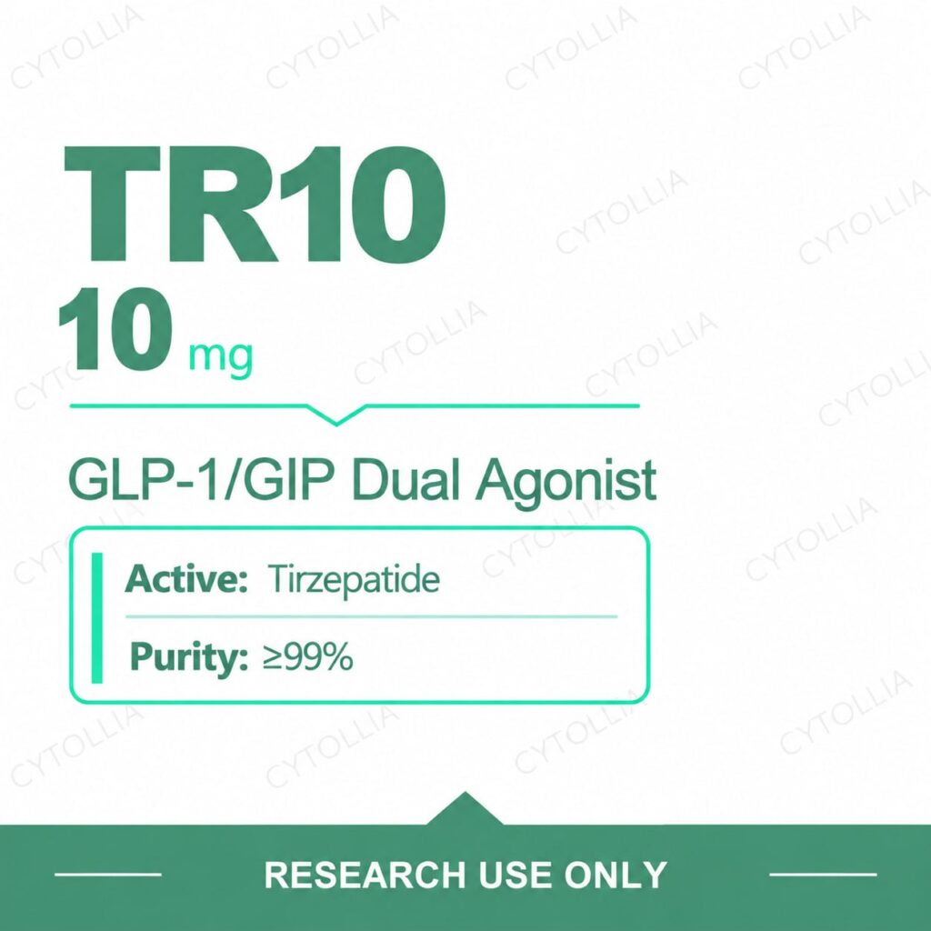 Tirzepatide 10 mg research vials — TR10 10 mg per vial, 10 vial pack, purity ≥99%, research use only