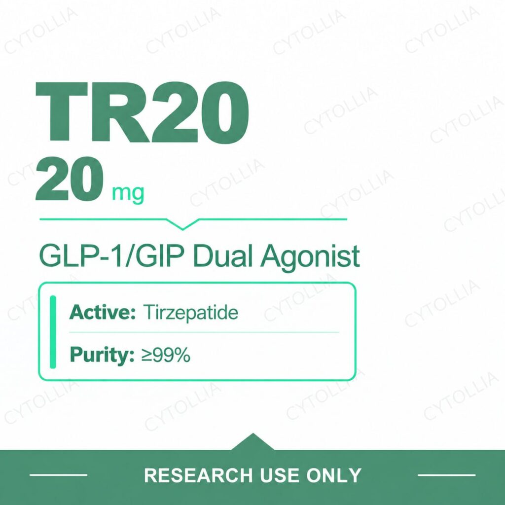 Tirzepatide 20 mg research vials — TR20 20 mg per vial, 10 vial pack, purity ≥99%, research use only