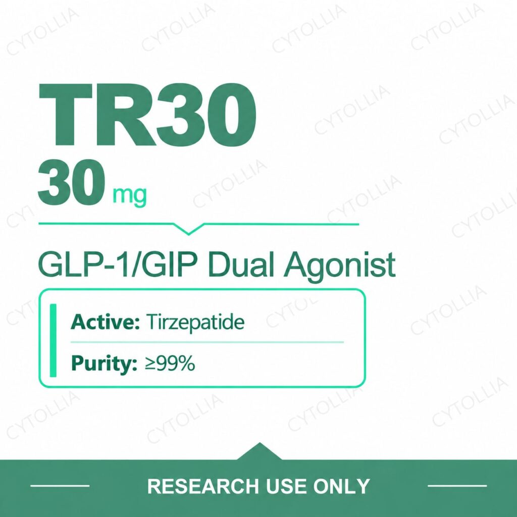 Tirzepatide 30 mg research vials — TR30 30 mg per vial, 10 vial pack, purity ≥99%, research use only
