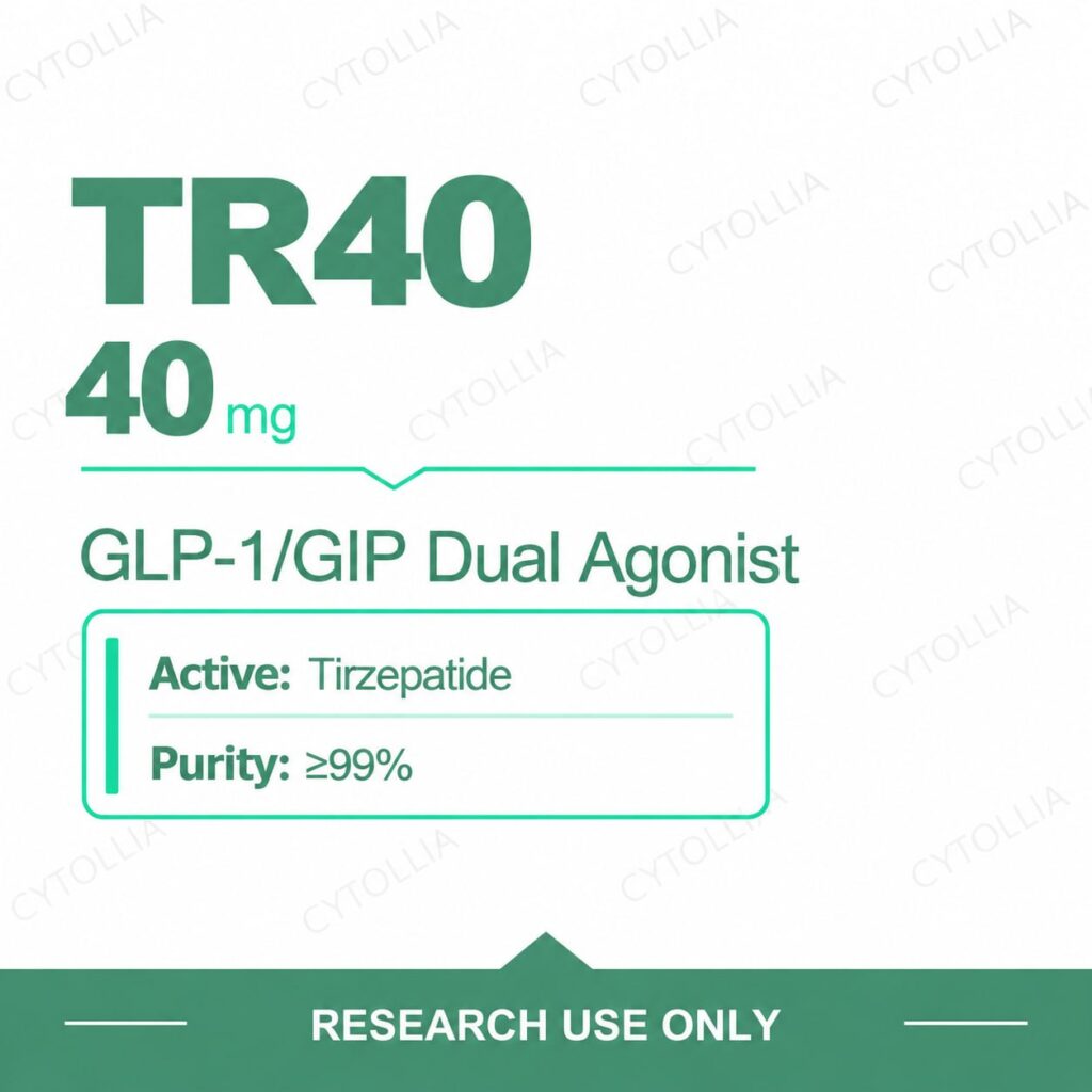 Tirzepatide 40 mg research vials — TR40 40 mg per vial, 10 vial pack, purity ≥99%, research use only