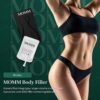 MOMM body filler application visual — 100 mL bag and box with body contouring illustration