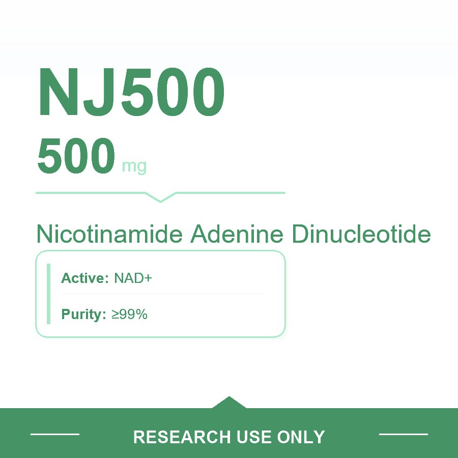 NAD+ 500 mg vial label design — Nicotinamide Adenine Dinucleotide, stated purity ≥99%, research use only